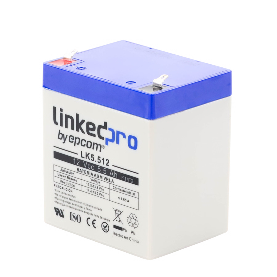 Batería 12 V / 5.5 Ah / UL / Vida útil promedio 5 años / Tecnología AGM / Para uso en equipo electrónico, Alarmas de Intrusión / Incendio/ Control de acceso / Video Vigilancia / Terminales F1 ( Incluye adaptador F