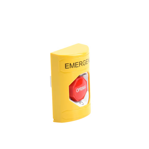 Botón de Emergencia en Español, Color Amarillo, Acción Mantenida, Girar para Restablecer y LED Multicolor