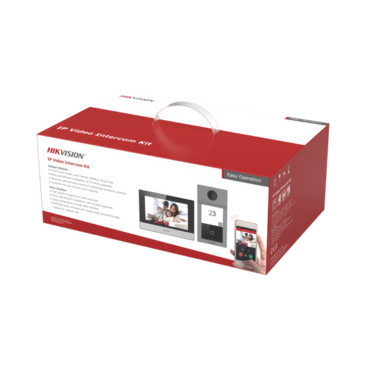 Kit de Videoportero IP PoE Estandar con llamada a App de Smartphone (Hik-Connect) / Apertura con Tarjeta MIFARE / Frente de calle IK08 & IP65 / Soporta 2 puertas