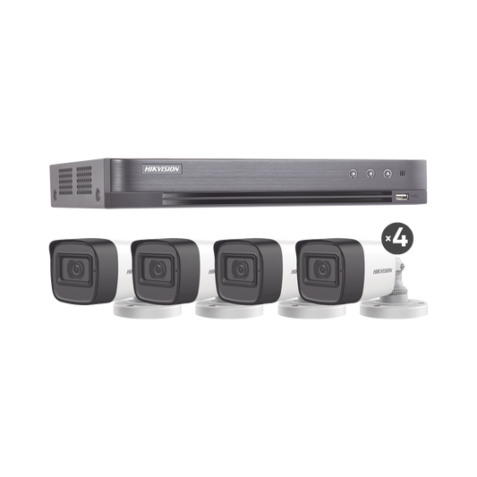 KIT TURBOHD 5 Megapixel / DVR 4 Canales / 4 Cámaras Bala con Micrófono Integrado (exterior 2.8 mm) / Fuente de Poder / Accesorios de Instalación (MICRÓFONO INTEGRADO)