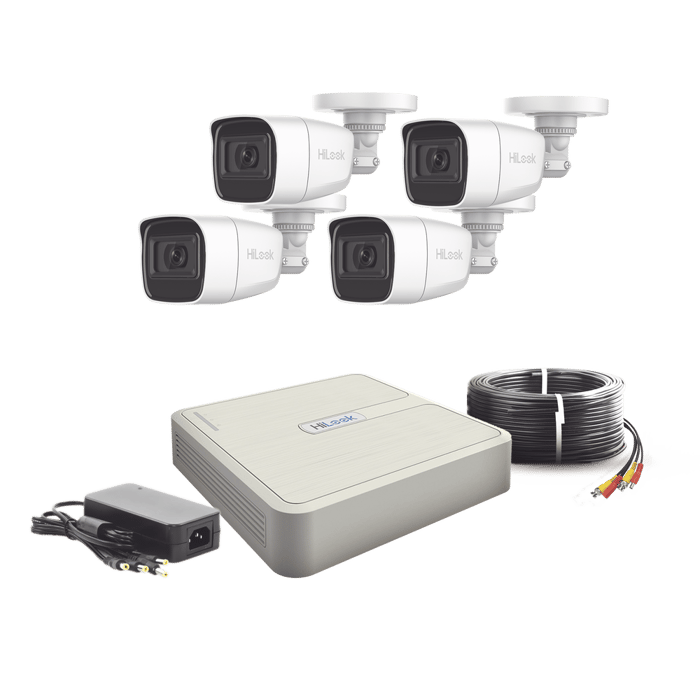 KIT TurboHD 720p / DVR 4 canales / 4 Cámaras Bala de Policarbonato / 4 Cables 18 Mts / 1 Fuente de Poder Profesional