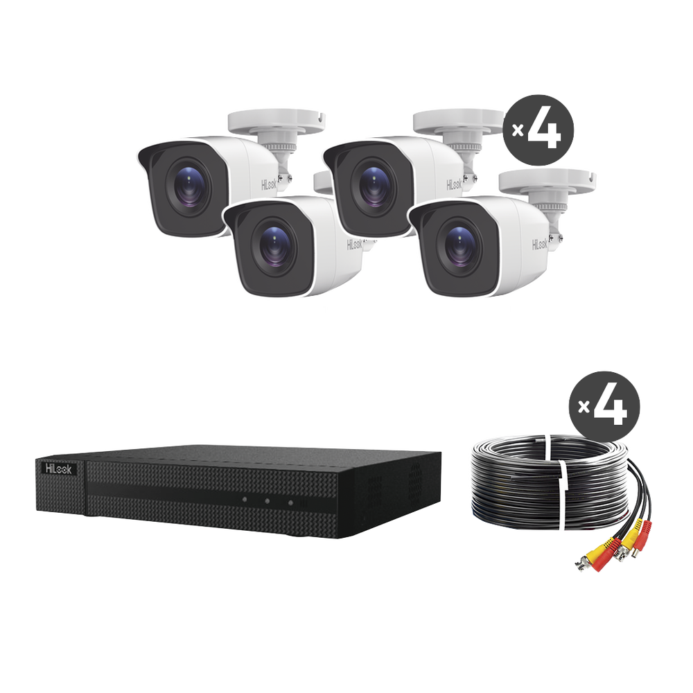 KIT TurboHD 1080p / DVR 4 canales / 4 Cámaras Bala de Metal / H.265+ / 1 Fuente de Poder Profesional / Accesorios de Instalación
