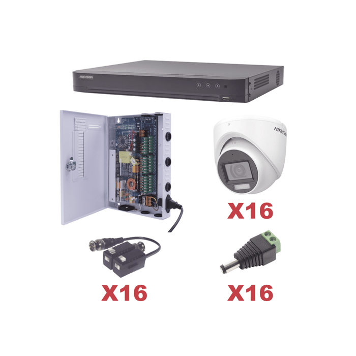 KIT TurboHD 1080p / DVR 16 Canales / 16 Cámaras Turret con Audio Integrado (Exterior 2.8 mm) / Transceptores / Conectores / Fuente de Poder Profesional