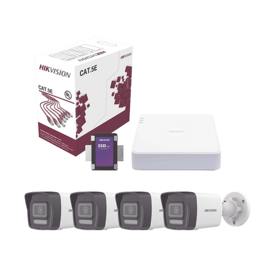 Kit IP 4 Megapixel / NVR de 4 Canales con 4 Puertos PoE / 4 Cámaras IP Bala Dual Light (IR + Luz Blanca) con Microfono Integrado y ACUSENSE Lite para Exterior/ Bobina de Cable de 100 mts / SSD de 1 TB