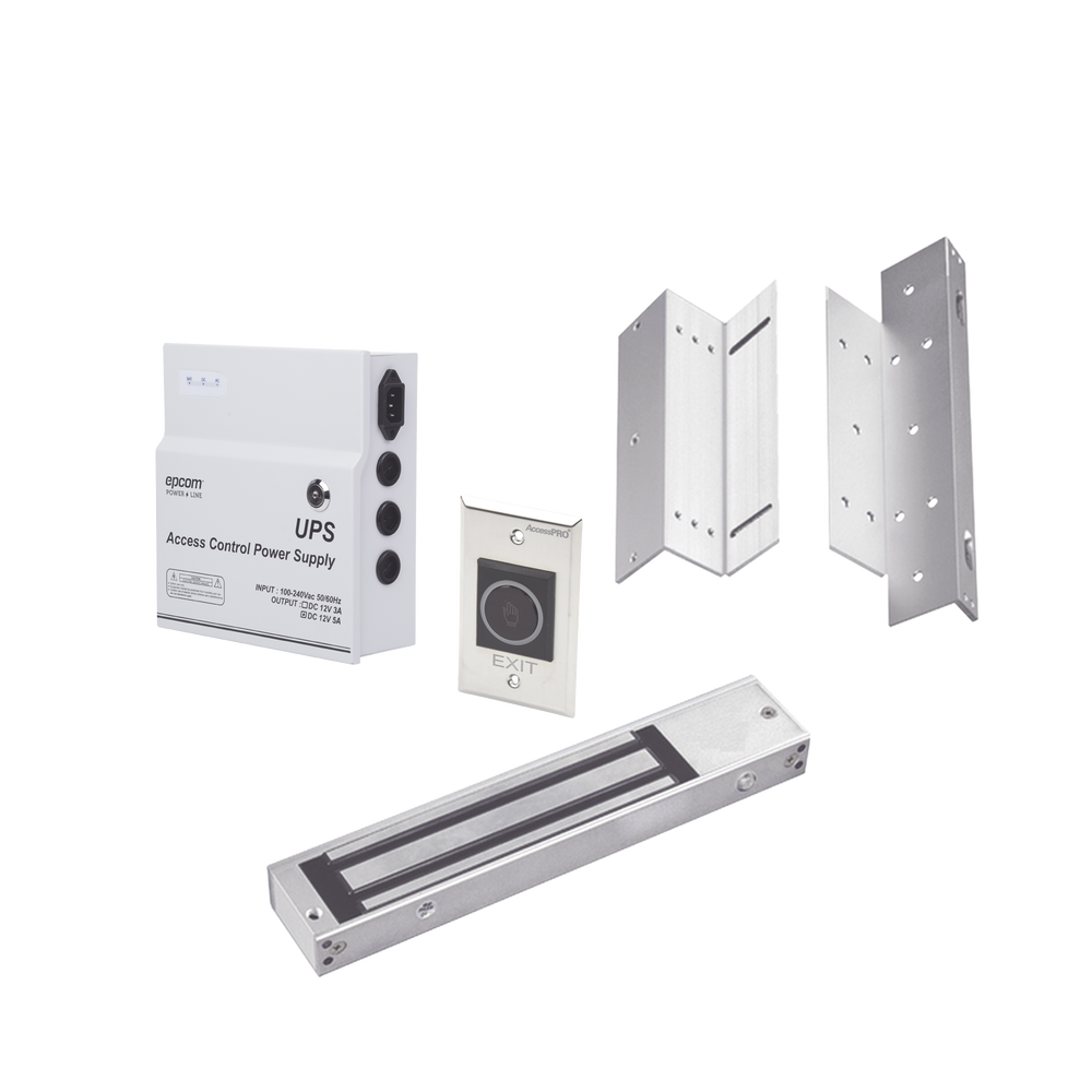 Kit para control de acceso incluye Fuente de 12VCD con respaldo de batería/ Chapa magnética de 600Lbs / Montajes L y Z / Botón de salida