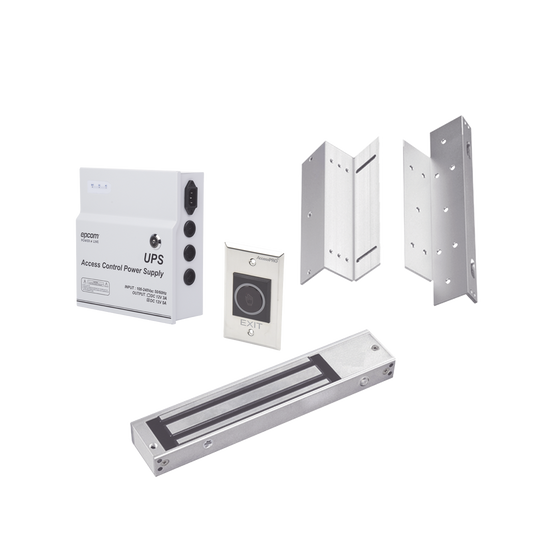 Kit para control de acceso incluye Fuente de 12VCD con respaldo de batería/ Chapa magnética de 600Lbs / Montajes L y Z / Botón de salida