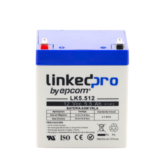 Batería 12 V / 5.5 Ah / UL / Vida útil promedio 5 años / Tecnología AGM / Para uso en equipo electrónico, Alarmas de Intrusión / Incendio/ Control de acceso / Video Vigilancia / Terminales F1 ( Incluye adaptador F