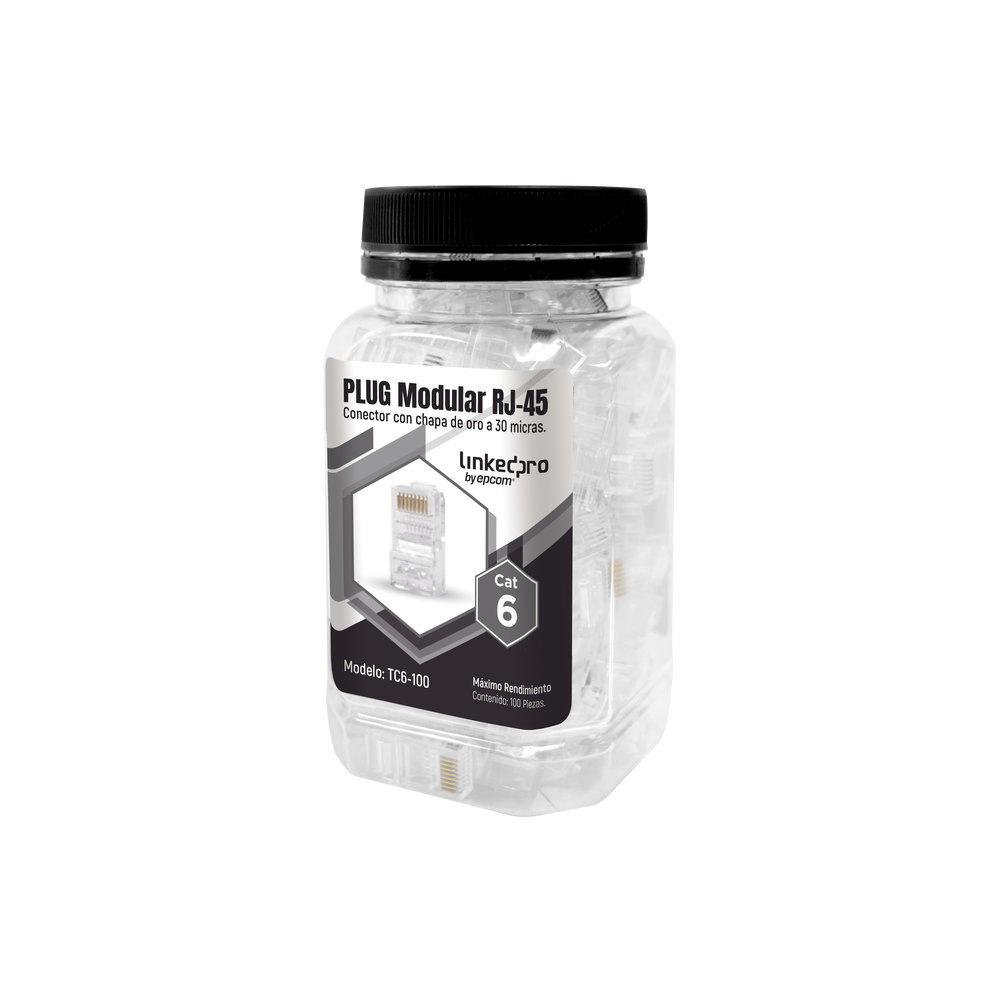 Bote con 100 Piezas de Plug Modular RJ45 Cat6 sin Blindaje, Chapado de Oro a 30 Micras para Durabilidad Extrema